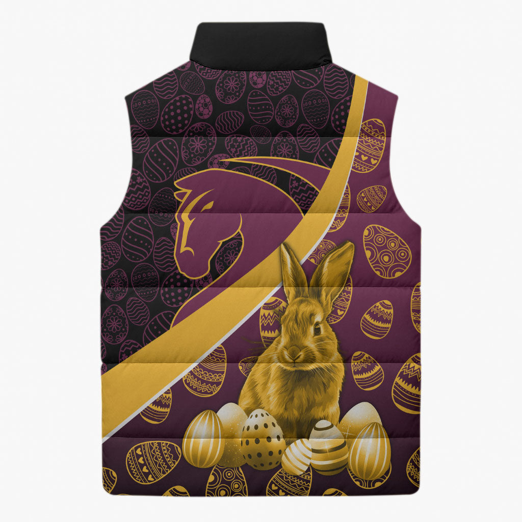 Brisbane Broncos Easter Day Sleeveless Puffer Jacket Bunny and Egg Pattern in Gold Maroon Festive Style