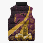 Brisbane Broncos Easter Day Sleeveless Puffer Jacket Bunny and Egg Pattern in Gold Maroon Festive Style
