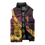 Brisbane Broncos Easter Day Sleeveless Puffer Jacket Bunny and Egg Pattern in Gold Maroon Festive Style