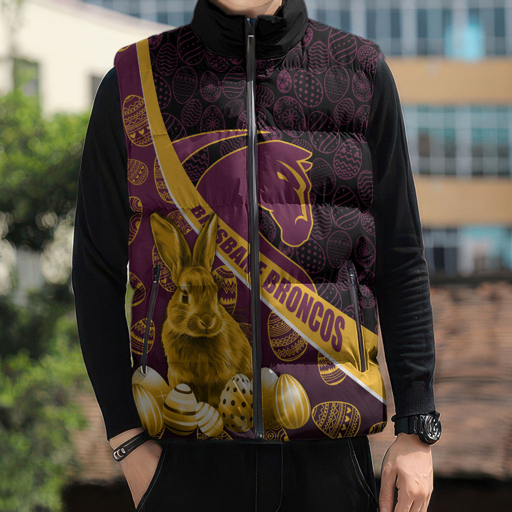 Brisbane Broncos Easter Day Sleeveless Puffer Jacket Bunny and Egg Pattern in Gold Maroon Festive Style