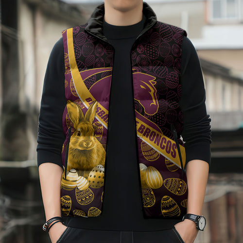 Brisbane Broncos Easter Day Sleeveless Puffer Jacket Bunny and Egg Pattern in Gold Maroon Festive Style