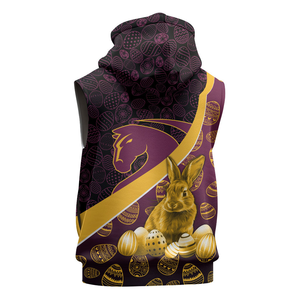 Brisbane Broncos Easter Day Sleeveless Zip Hoodie Bunny and Egg Pattern in Gold Maroon Festive Style
