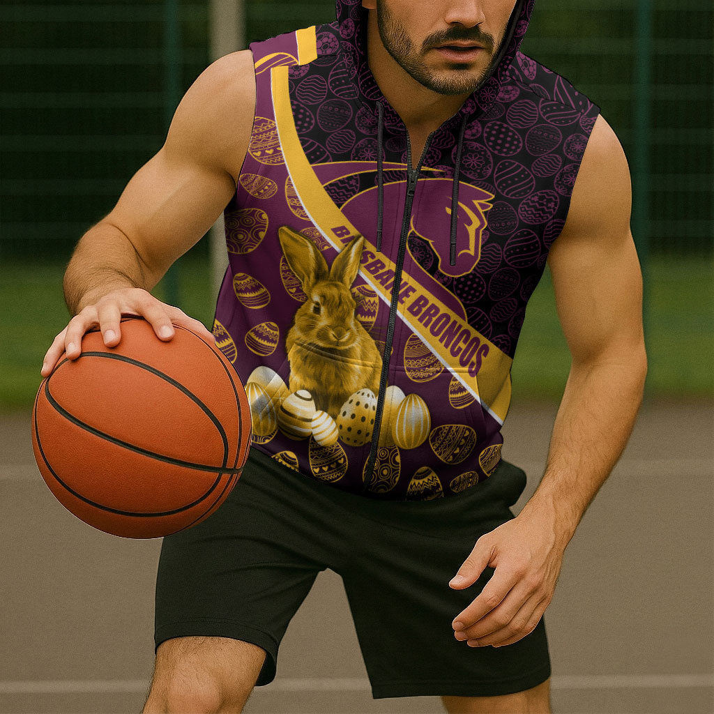 Brisbane Broncos Easter Day Sleeveless Zip Hoodie Bunny and Egg Pattern in Gold Maroon Festive Style