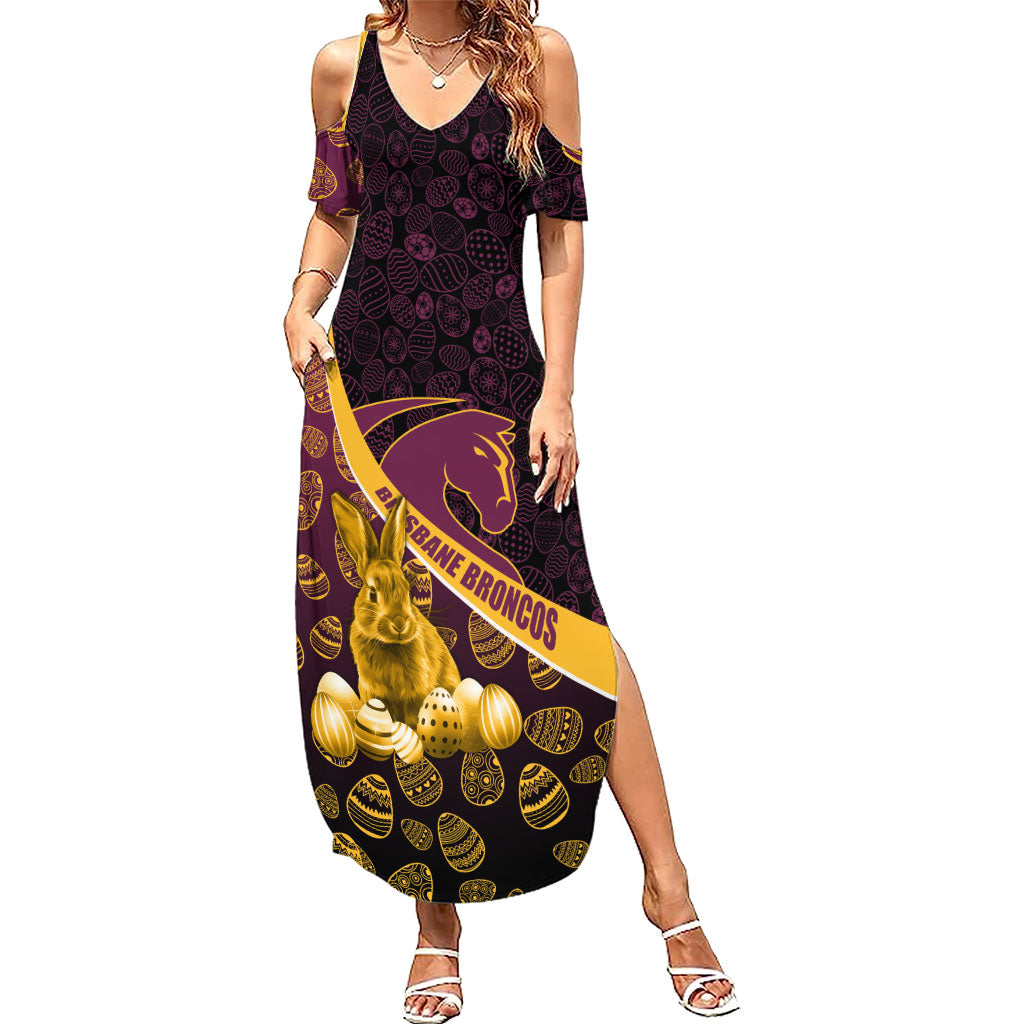 Brisbane Broncos Easter Day Summer Maxi Dress Bunny and Egg Pattern in Gold Maroon Festive Style