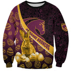 Brisbane Broncos Easter Day Sweatshirt Bunny and Egg Pattern in Gold Maroon Festive Style