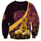 Brisbane Broncos Easter Day Sweatshirt Bunny and Egg Pattern in Gold Maroon Festive Style