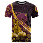 Brisbane Broncos Easter Day T Shirt Bunny and Egg Pattern in Gold Maroon Festive Style