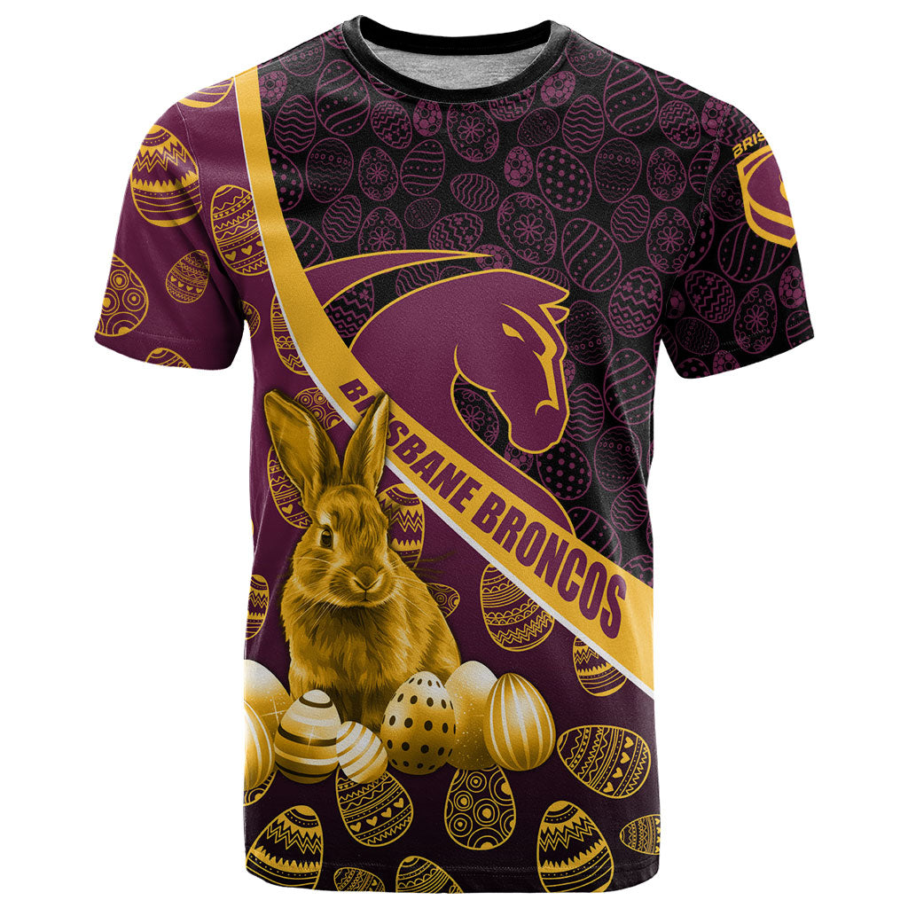 Brisbane Broncos Easter Day T Shirt Bunny and Egg Pattern in Gold Maroon Festive Style