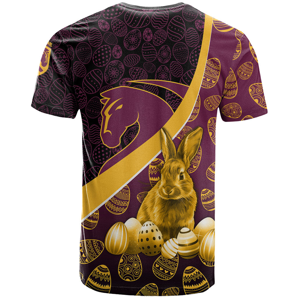 Brisbane Broncos Easter Day T Shirt Bunny and Egg Pattern in Gold Maroon Festive Style