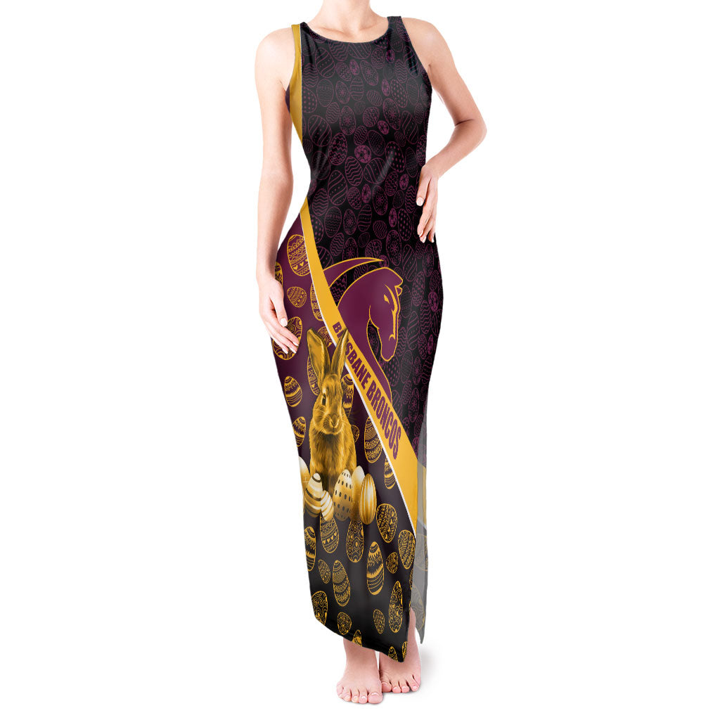 Brisbane Broncos Easter Day Tank Maxi Dress Bunny and Egg Pattern in Gold Maroon Festive Style