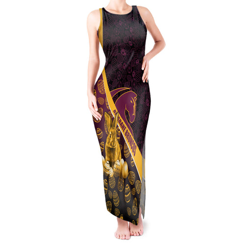 Brisbane Broncos Easter Day Tank Maxi Dress Bunny and Egg Pattern in Gold Maroon Festive Style