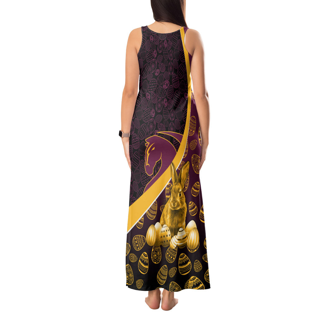 Brisbane Broncos Easter Day Tank Maxi Dress Bunny and Egg Pattern in Gold Maroon Festive Style