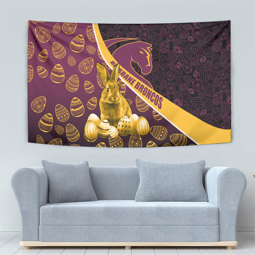 Brisbane Broncos Easter Day Tapestry Bunny and Egg Pattern in Gold Maroon Festive Style