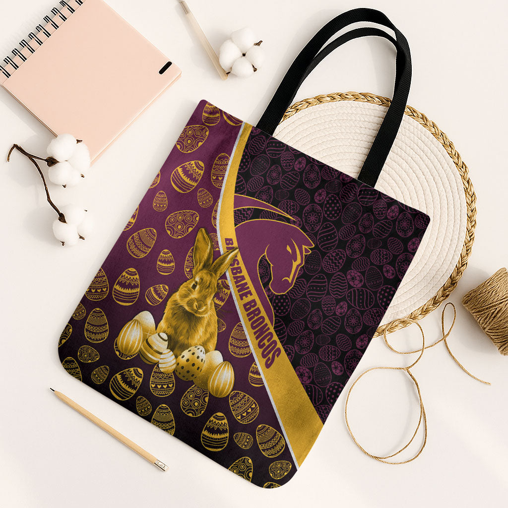 Brisbane Broncos Easter Day Tote Bag Bunny and Egg Pattern in Gold Maroon Festive Style