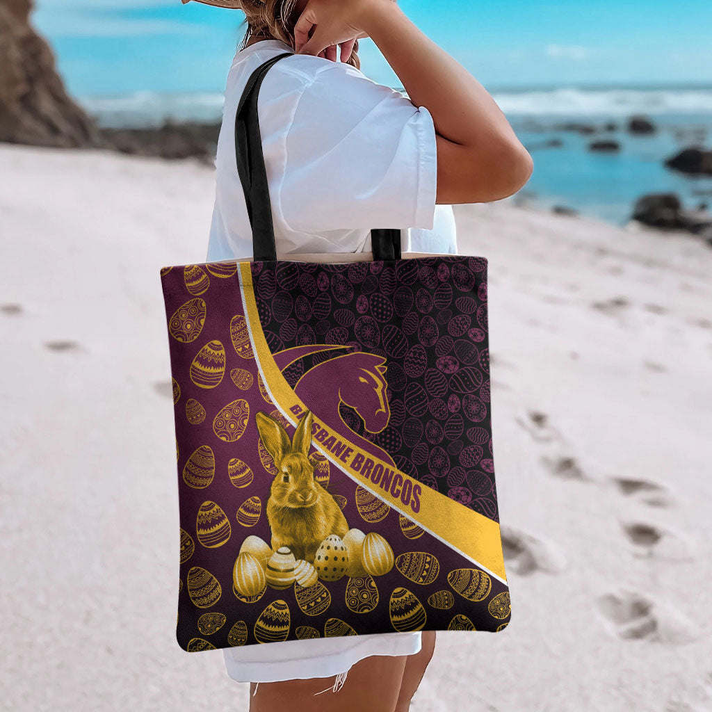 Brisbane Broncos Easter Day Tote Bag Bunny and Egg Pattern in Gold Maroon Festive Style