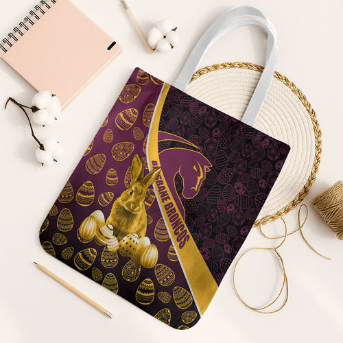Brisbane Broncos Easter Day Tote Bag Bunny and Egg Pattern in Gold Maroon Festive Style