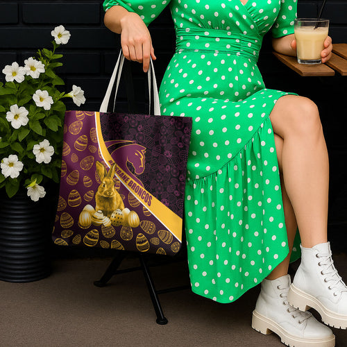 Brisbane Broncos Easter Day Tote Bag Bunny and Egg Pattern in Gold Maroon Festive Style