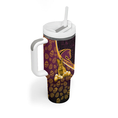 Brisbane Broncos Easter Day Tumbler With Handle Bunny and Egg Pattern in Gold Maroon Festive Style