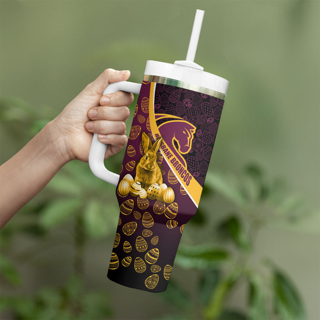 Brisbane Broncos Easter Day Tumbler With Handle Bunny and Egg Pattern in Gold Maroon Festive Style