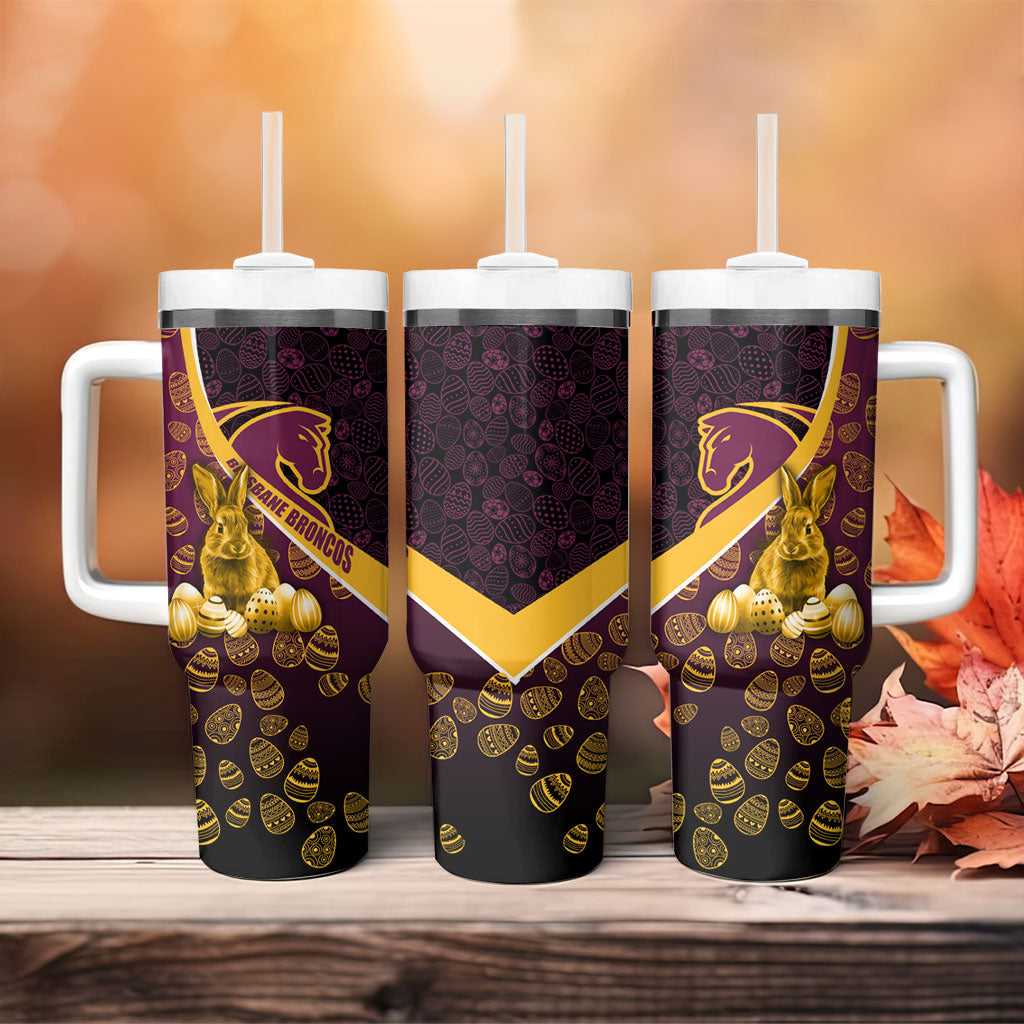 Brisbane Broncos Easter Day Tumbler With Handle Bunny and Egg Pattern in Gold Maroon Festive Style