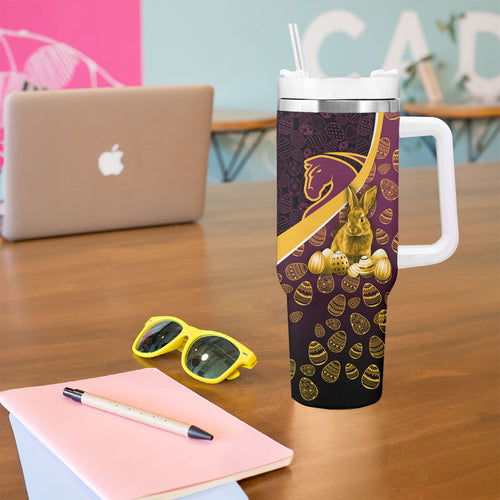 Brisbane Broncos Easter Day Tumbler With Handle Bunny and Egg Pattern in Gold Maroon Festive Style