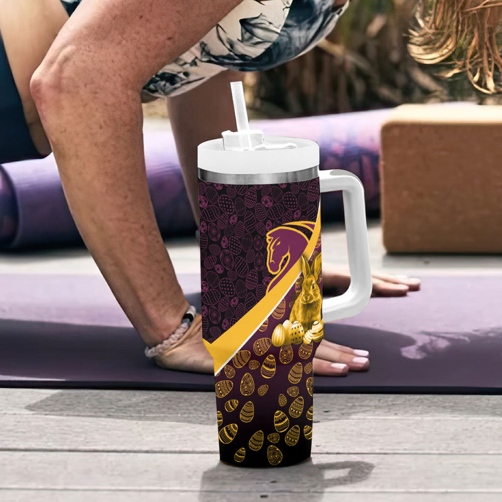 Brisbane Broncos Easter Day Tumbler With Handle Bunny and Egg Pattern in Gold Maroon Festive Style