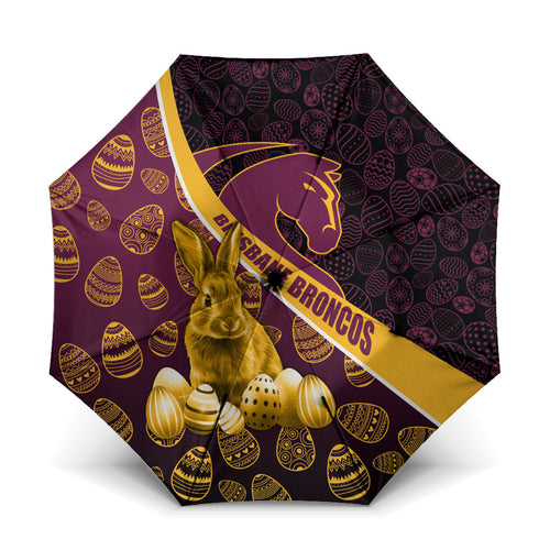 Brisbane Broncos Easter Day Umbrella Bunny and Egg Pattern in Gold Maroon Festive Style