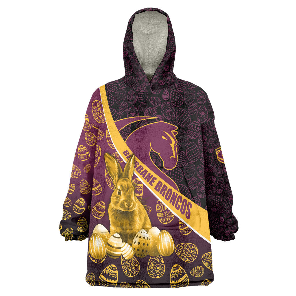 Brisbane Broncos Easter Day Wearable Blanket Hoodie Bunny and Egg Pattern in Gold Maroon Festive Style