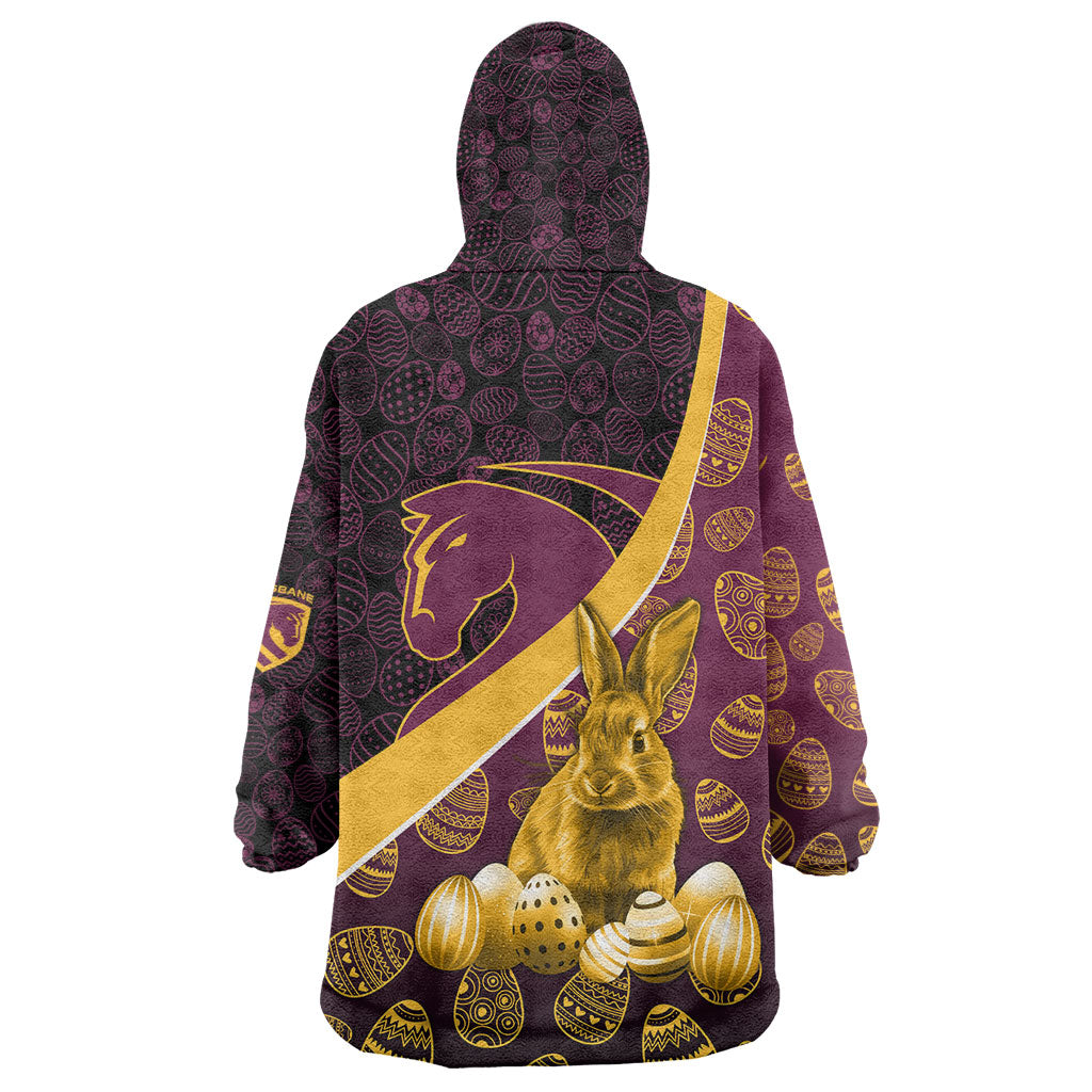 Brisbane Broncos Easter Day Wearable Blanket Hoodie Bunny and Egg Pattern in Gold Maroon Festive Style