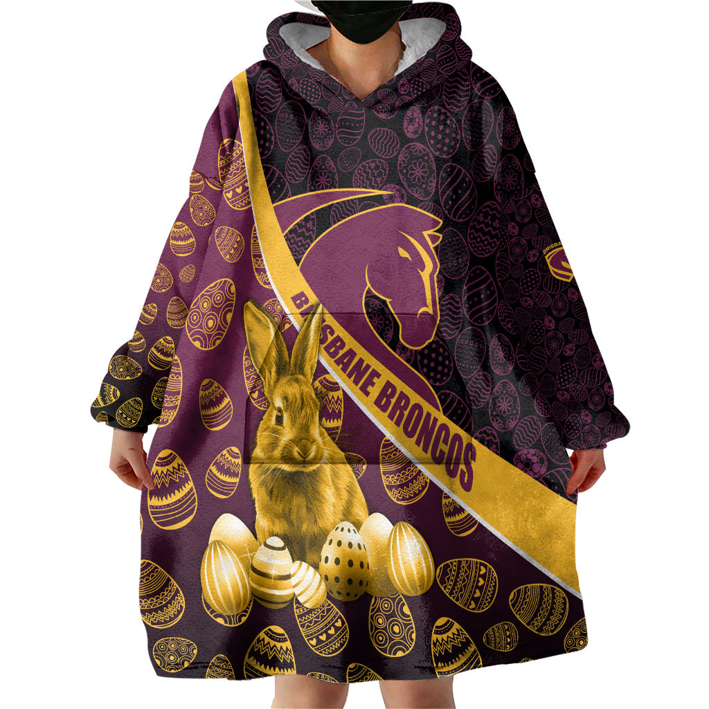 Brisbane Broncos Easter Day Wearable Blanket Hoodie Bunny and Egg Pattern in Gold Maroon Festive Style