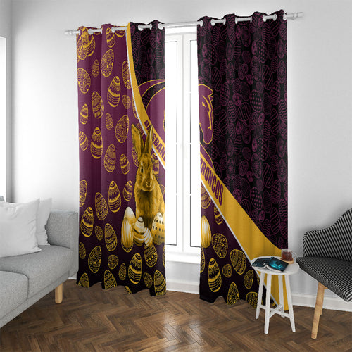 Brisbane Broncos Easter Day Window Curtain Bunny and Egg Pattern in Gold Maroon Festive Style