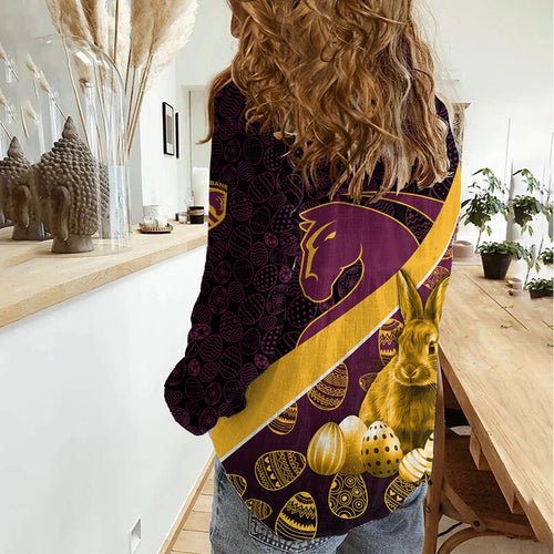 Brisbane Broncos Easter Day Women Casual Shirt Bunny and Egg Pattern in Gold Maroon Festive Style