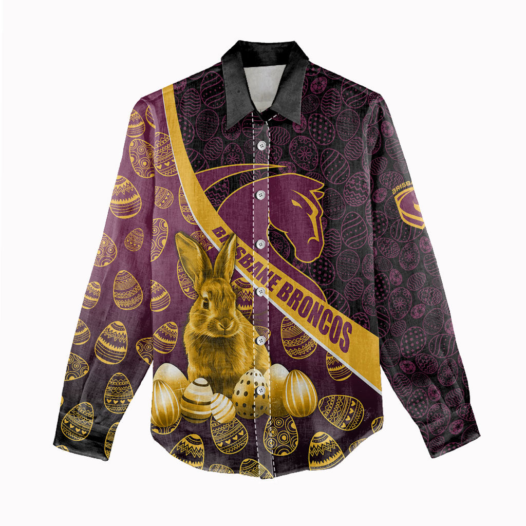 Brisbane Broncos Easter Day Women Casual Shirt Bunny and Egg Pattern in Gold Maroon Festive Style