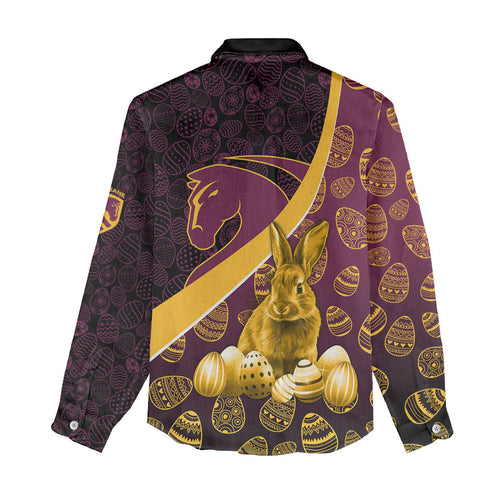 Brisbane Broncos Easter Day Women Casual Shirt Bunny and Egg Pattern in Gold Maroon Festive Style