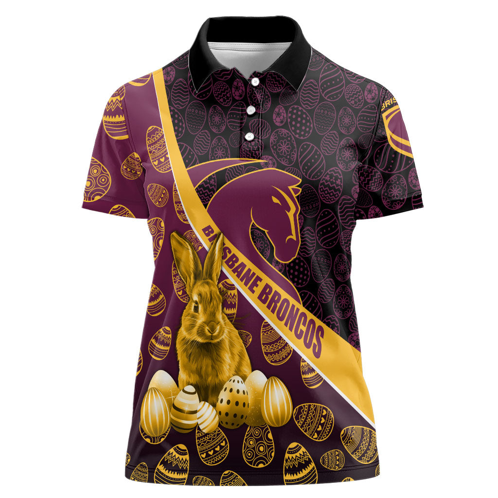 Brisbane Broncos Easter Day Women Polo Shirt Bunny and Egg Pattern in Gold Maroon Festive Style