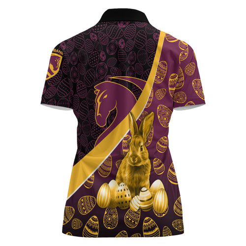 Brisbane Broncos Easter Day Women Polo Shirt Bunny and Egg Pattern in Gold Maroon Festive Style