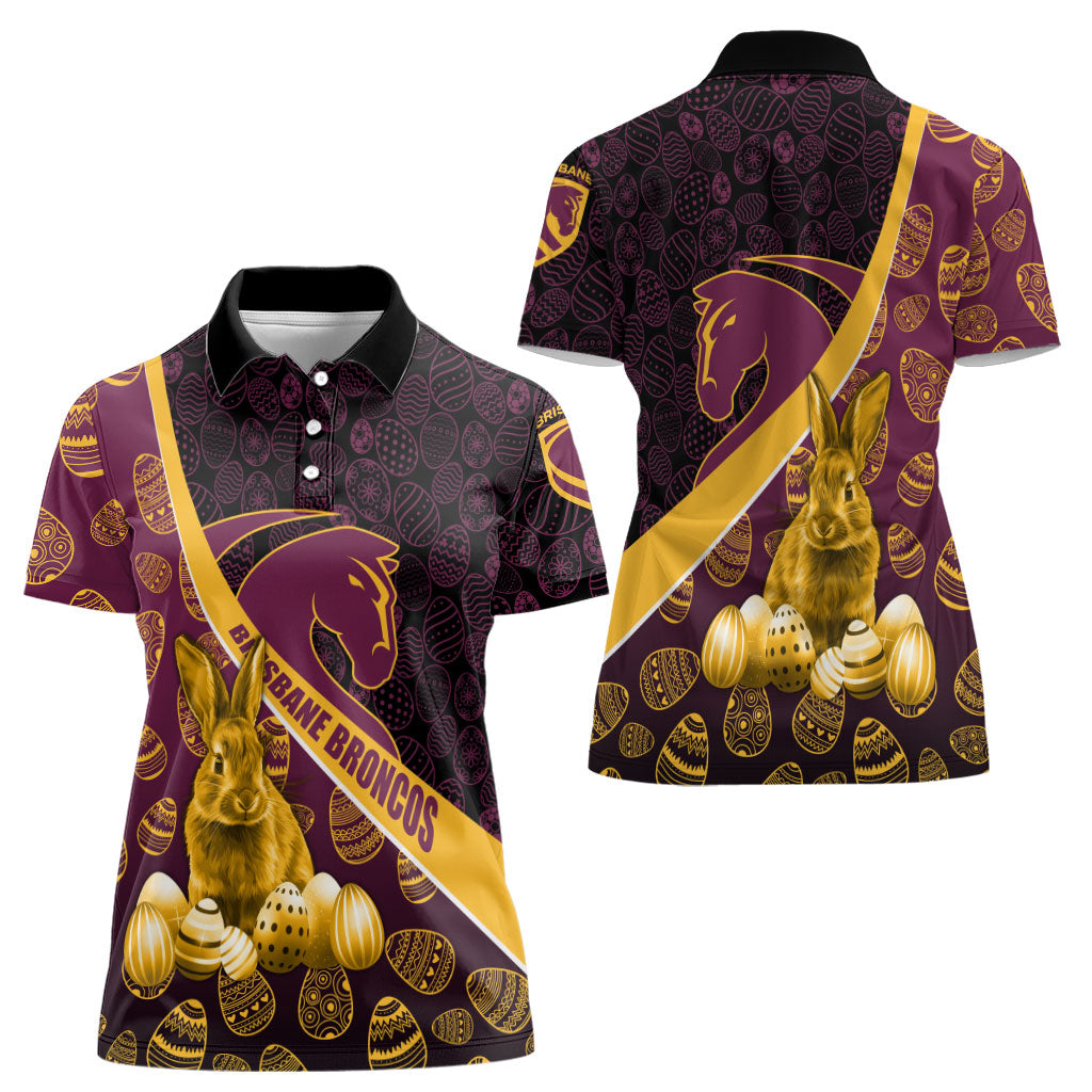 Brisbane Broncos Easter Day Women Polo Shirt Bunny and Egg Pattern in Gold Maroon Festive Style