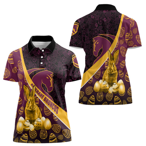 Brisbane Broncos Easter Day Women Polo Shirt Bunny and Egg Pattern in Gold Maroon Festive Style