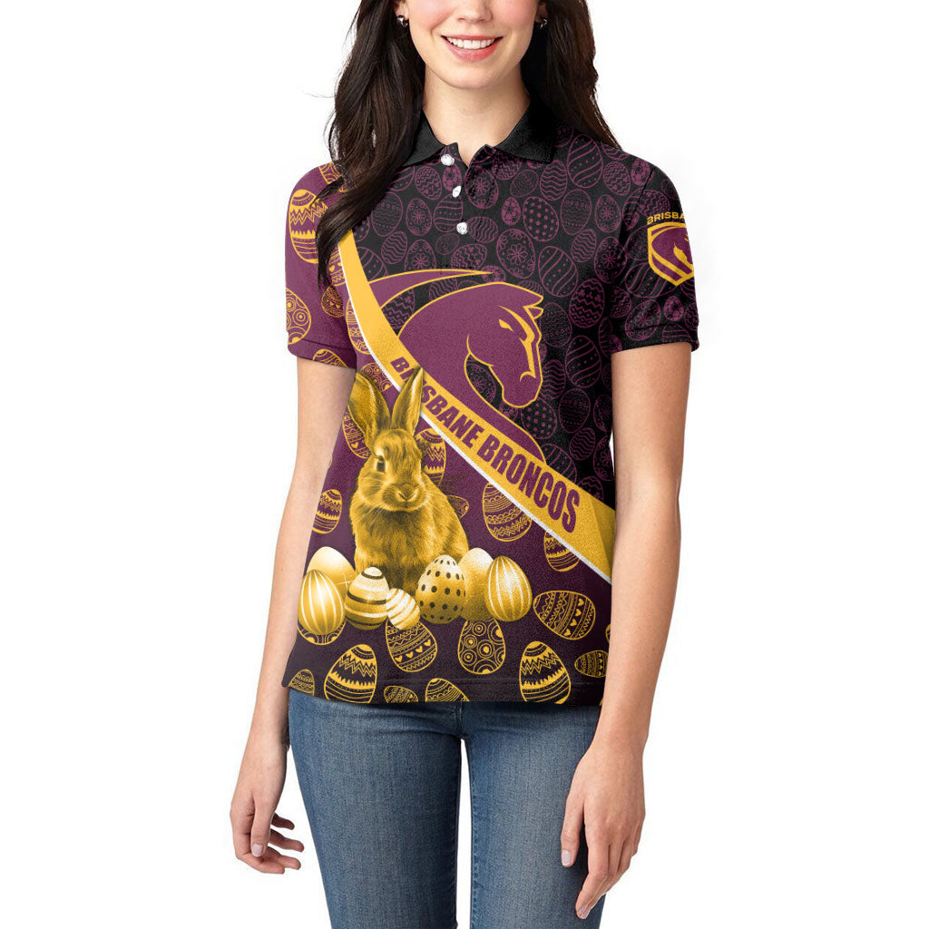 Brisbane Broncos Easter Day Women Polo Shirt Bunny and Egg Pattern in Gold Maroon Festive Style