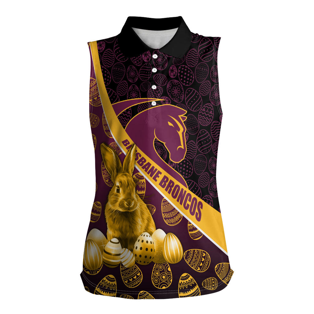 Brisbane Broncos Easter Day Women Sleeveless Polo Shirt Bunny and Egg Pattern in Gold Maroon Festive Style