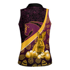 Brisbane Broncos Easter Day Women Sleeveless Polo Shirt Bunny and Egg Pattern in Gold Maroon Festive Style