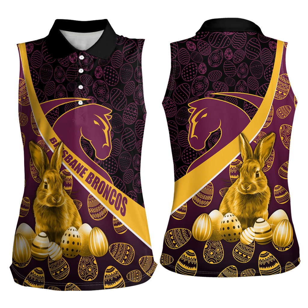 Brisbane Broncos Easter Day Women Sleeveless Polo Shirt Bunny and Egg Pattern in Gold Maroon Festive Style