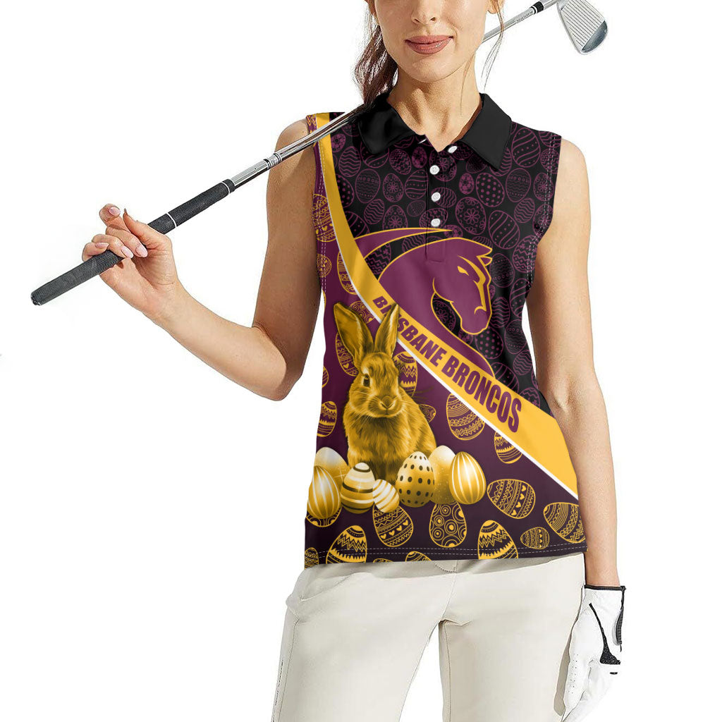 Brisbane Broncos Easter Day Women Sleeveless Polo Shirt Bunny and Egg Pattern in Gold Maroon Festive Style