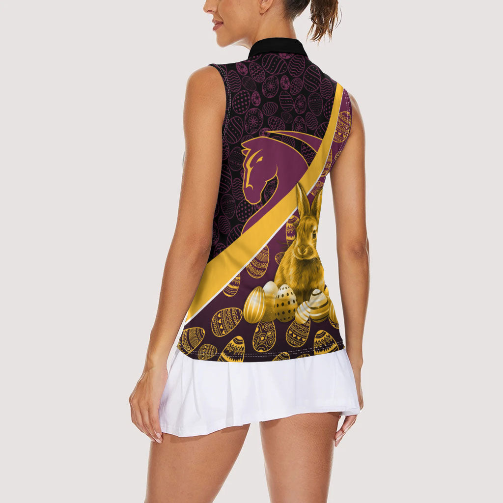 Brisbane Broncos Easter Day Women Sleeveless Polo Shirt Bunny and Egg Pattern in Gold Maroon Festive Style