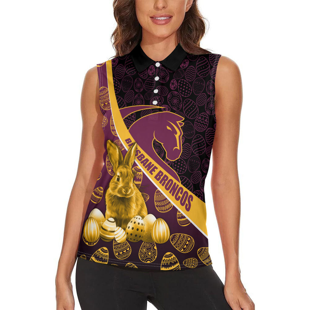 Brisbane Broncos Easter Day Women Sleeveless Polo Shirt Bunny and Egg Pattern in Gold Maroon Festive Style