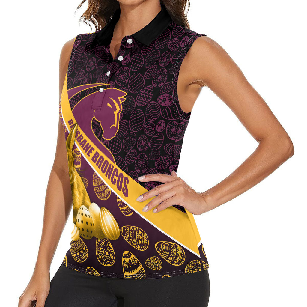 Brisbane Broncos Easter Day Women Sleeveless Polo Shirt Bunny and Egg Pattern in Gold Maroon Festive Style