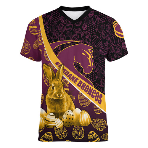 Brisbane Broncos Easter Day Women V-Neck T-Shirt Bunny and Egg Pattern in Gold Maroon Festive Style