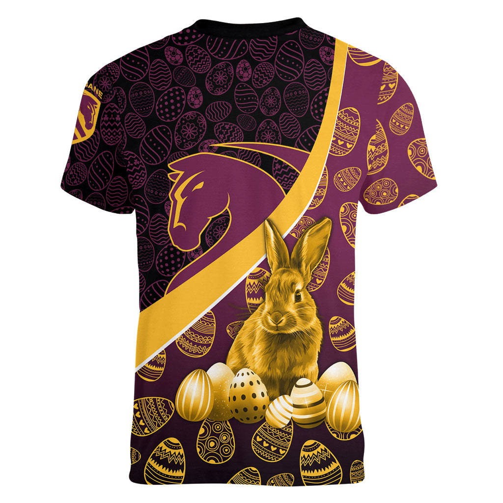 Brisbane Broncos Easter Day Women V-Neck T-Shirt Bunny and Egg Pattern in Gold Maroon Festive Style