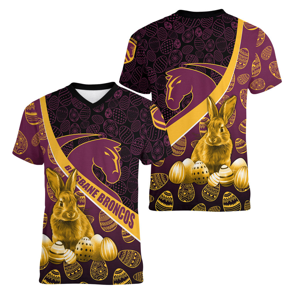 Brisbane Broncos Easter Day Women V-Neck T-Shirt Bunny and Egg Pattern in Gold Maroon Festive Style