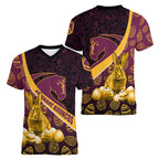 Brisbane Broncos Easter Day Women V-Neck T-Shirt Bunny and Egg Pattern in Gold Maroon Festive Style
